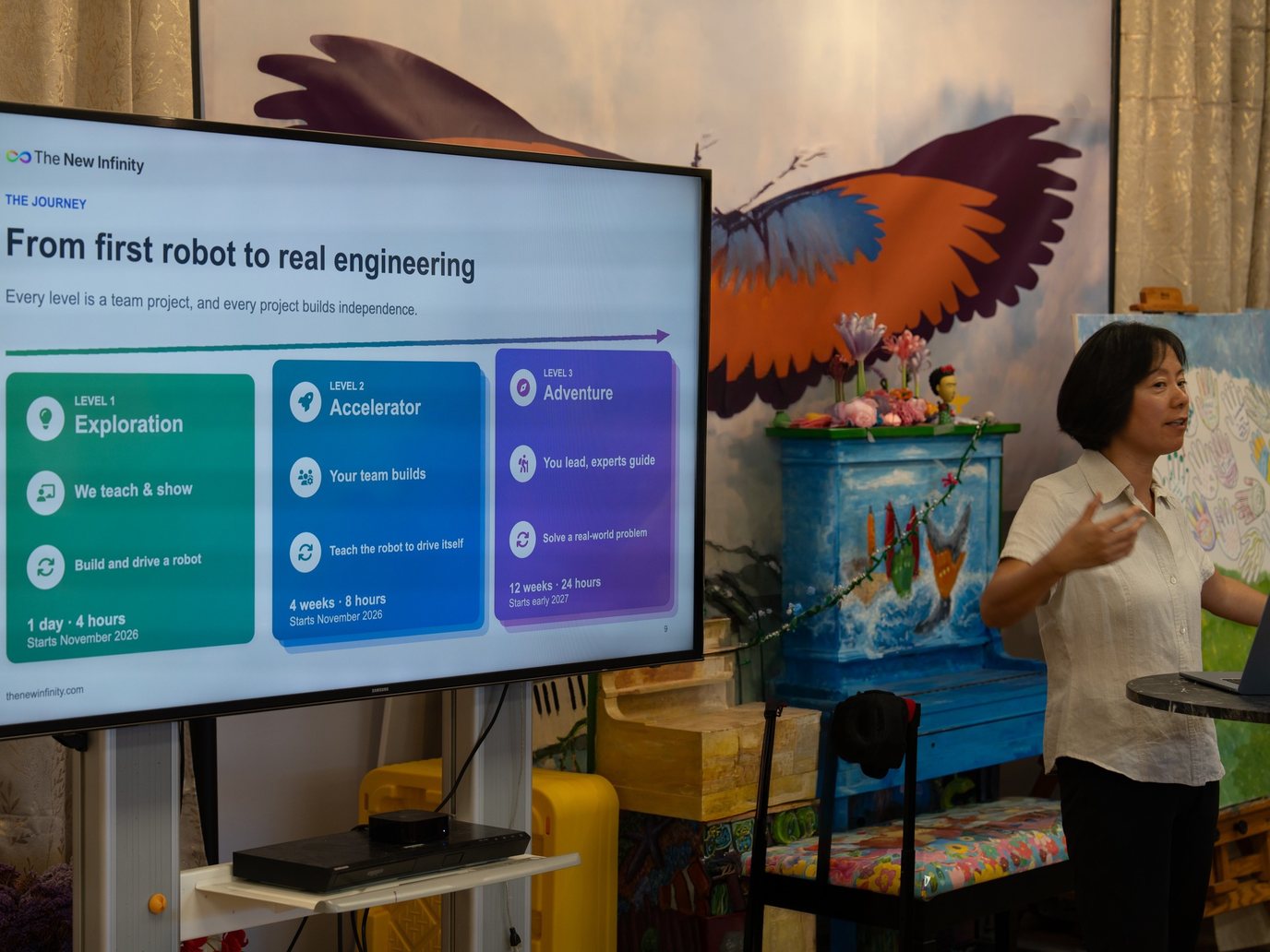 Dr. Wang presents the three program levels, from first robot to real engineering, at the October 25 info session